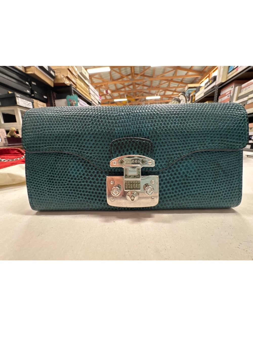 Gucci Teal Lizard snap front (lock in place) bejeweled Wallet/Clutch EUC Vintage